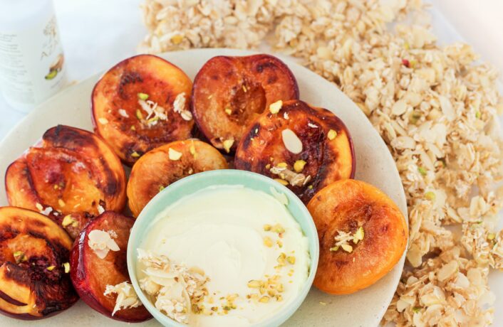Honey grilled Fruit with Granola and Whipped Pistachio Ricotta
