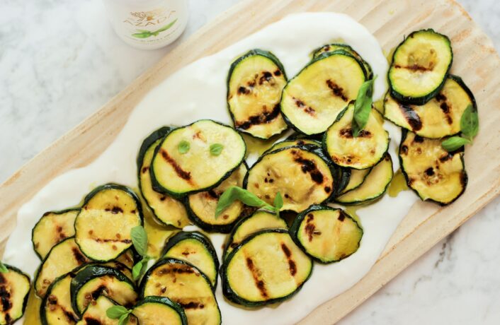 Grilled Zucchini Salad in a Basil Oil dressing with Mint Yoghurt